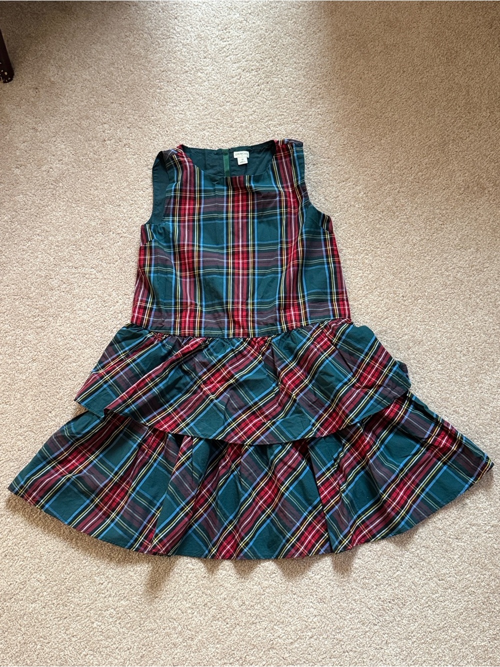 J. Crew Girls Green Plaid Tiered Dress with Red Trim